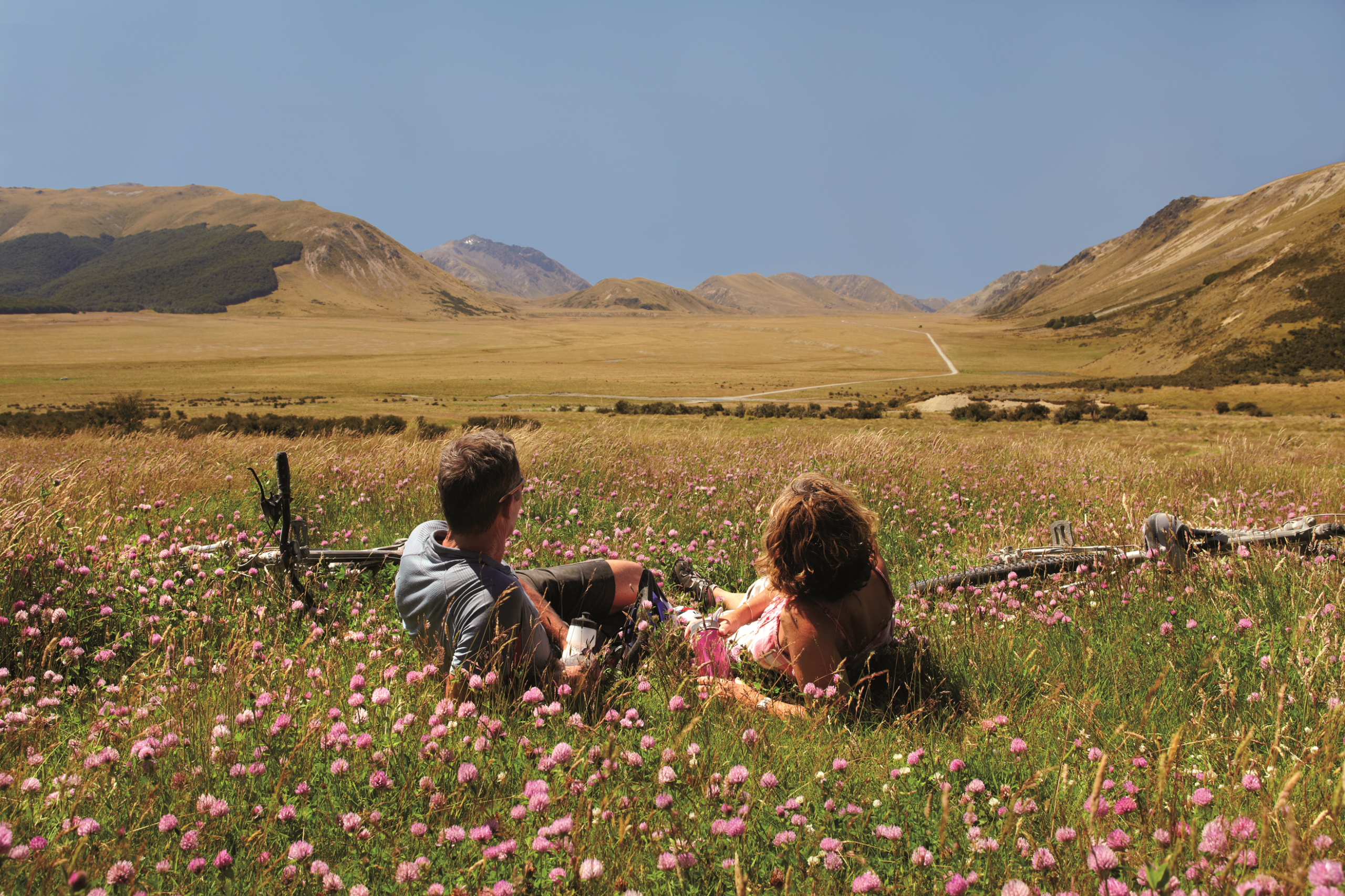 2 people lie on the grass in a field of wildflowers and admire the view of distant mountains