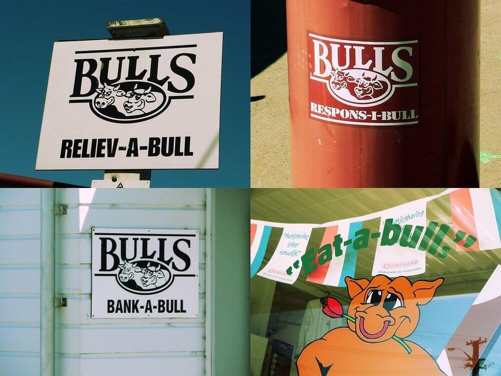 4 images related to the town of Bulls in New Zealand. Two are signs with puns underneath them, the last is a picture of a bull saying 'What-a-bull'